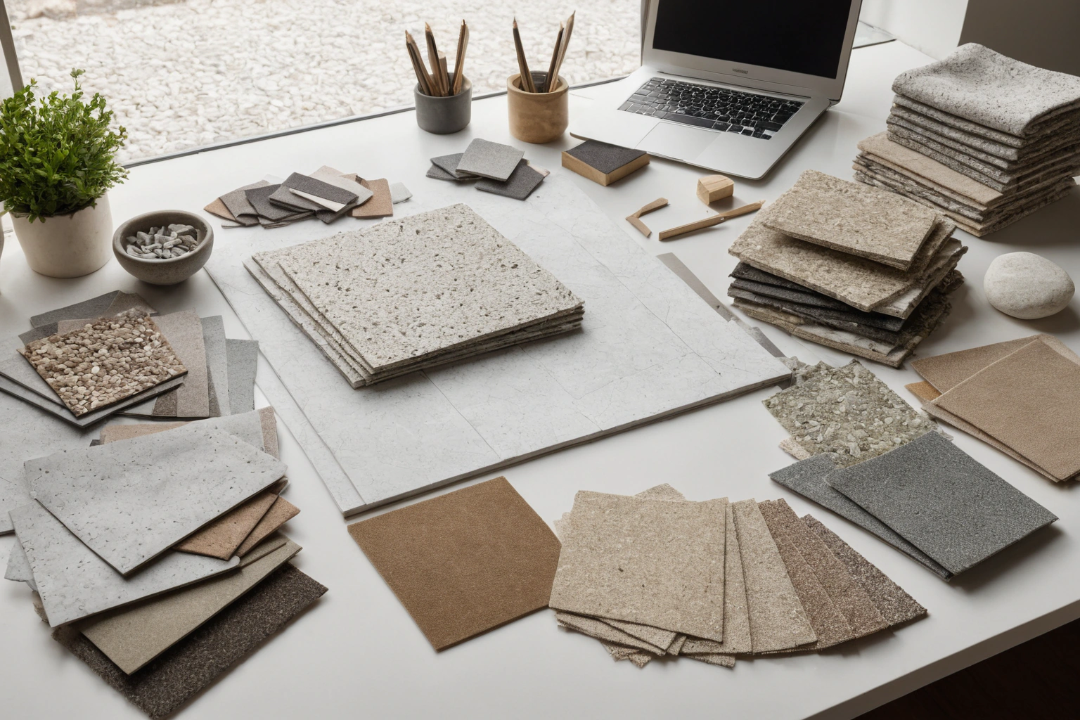 Design studio desk with material boards and samples